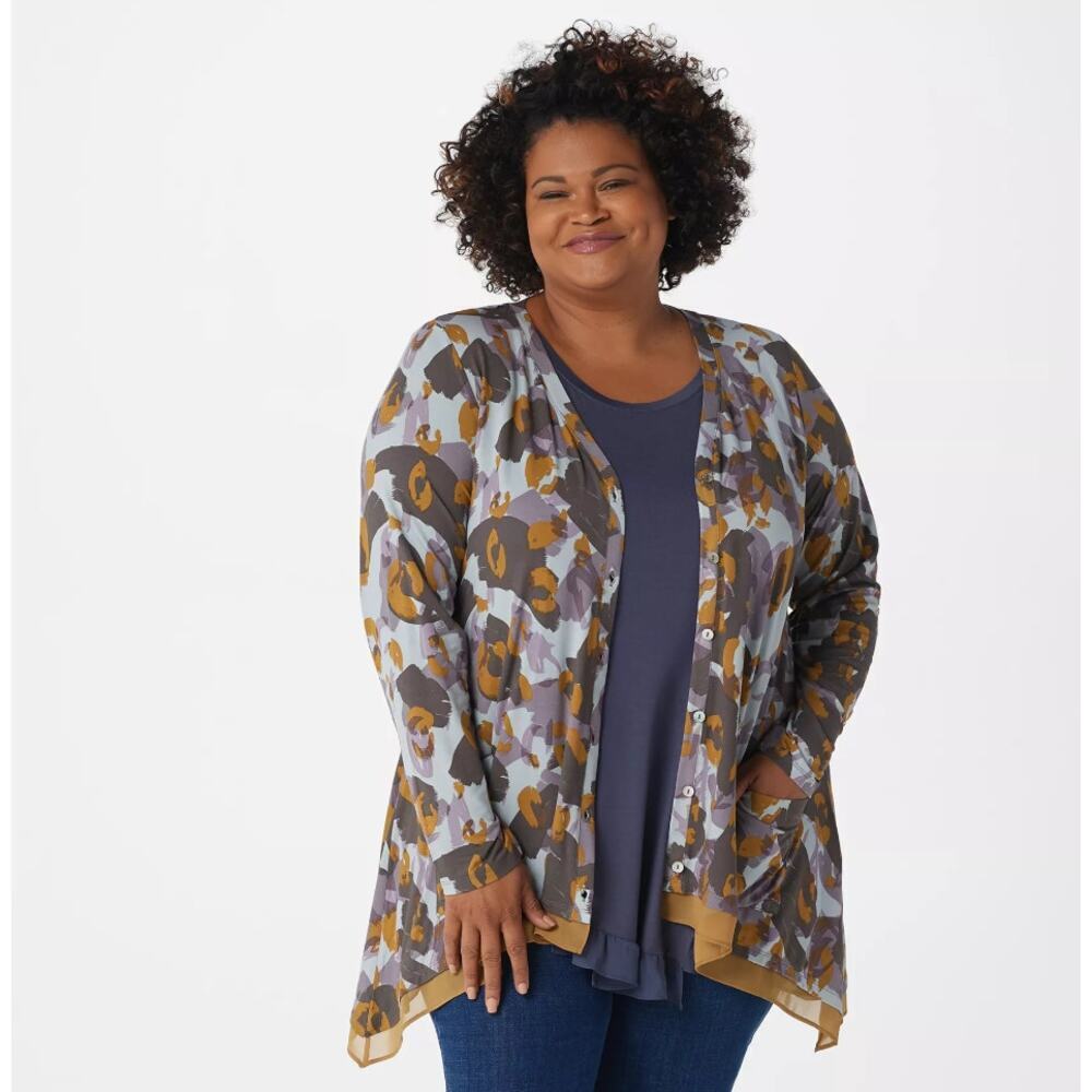 LOGO By Lori Goldstein Printed Button-Front Knit Cardigan Size XL Casual